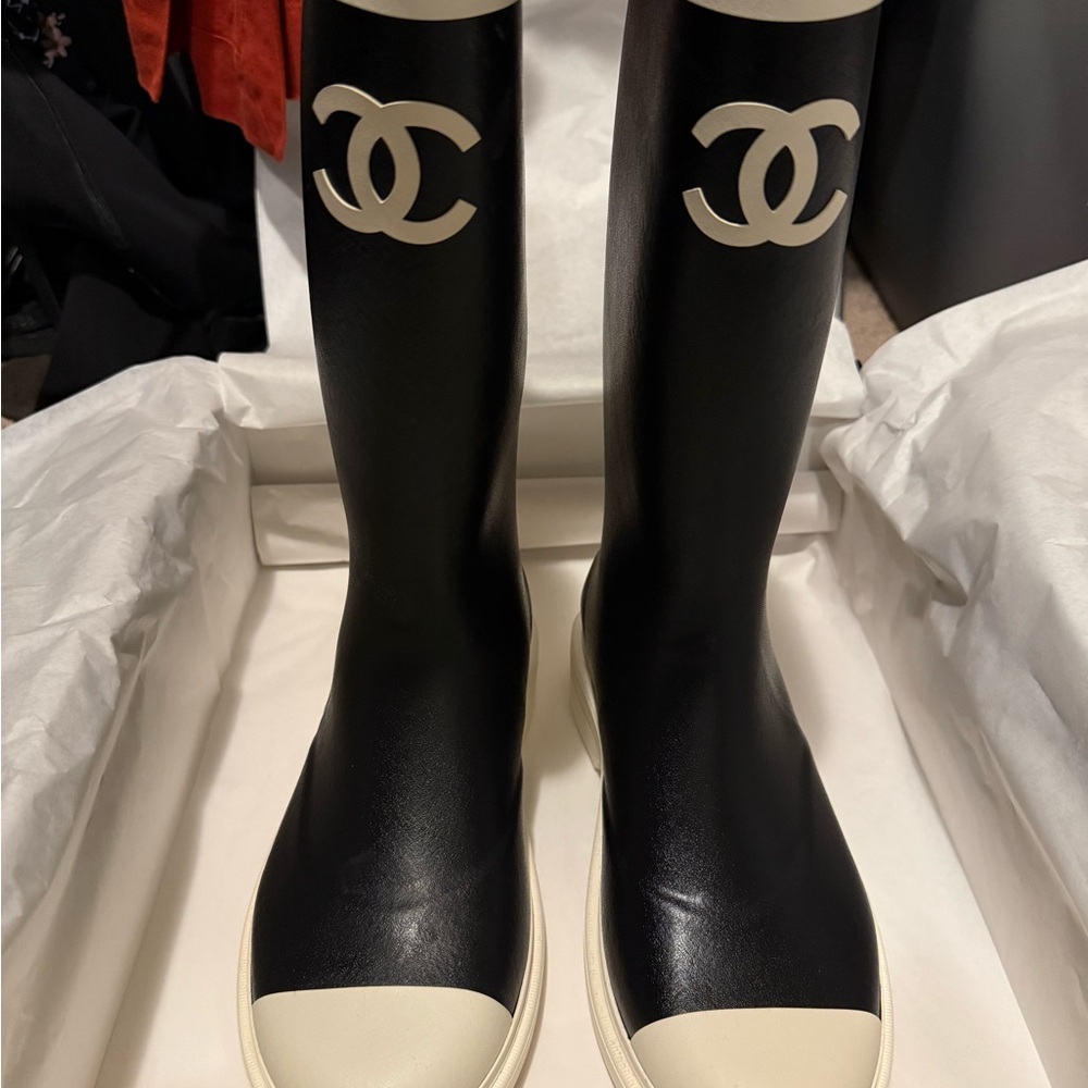 CHANEL Black and White Signature Tall Rain Boots